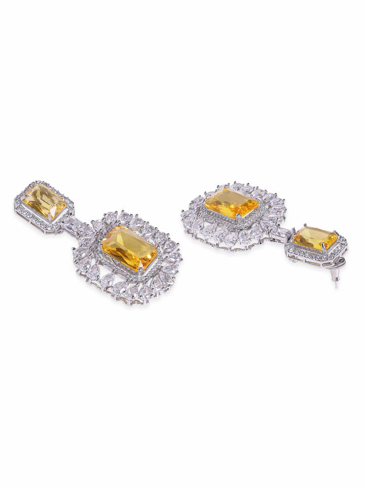 Rubans Rhodium plated AAA Cubic Zirconia Yellow Sapphire studded Statement Dangle Earring Earrings