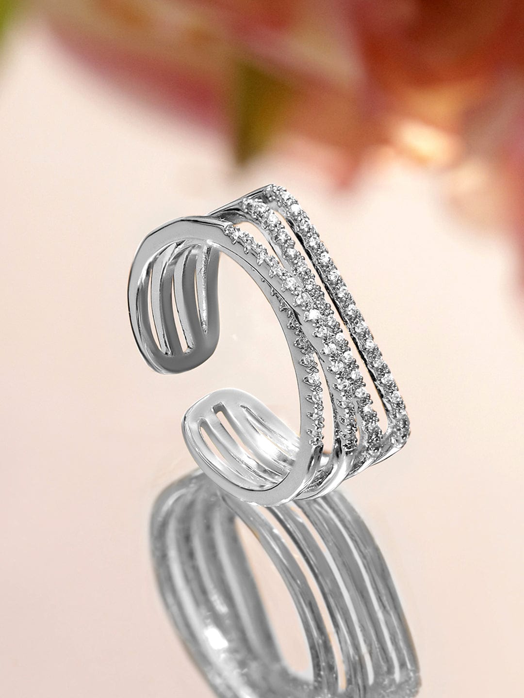 Rubans Rhodium Plated Adjustable Triple Row Crystal-Studded Open State