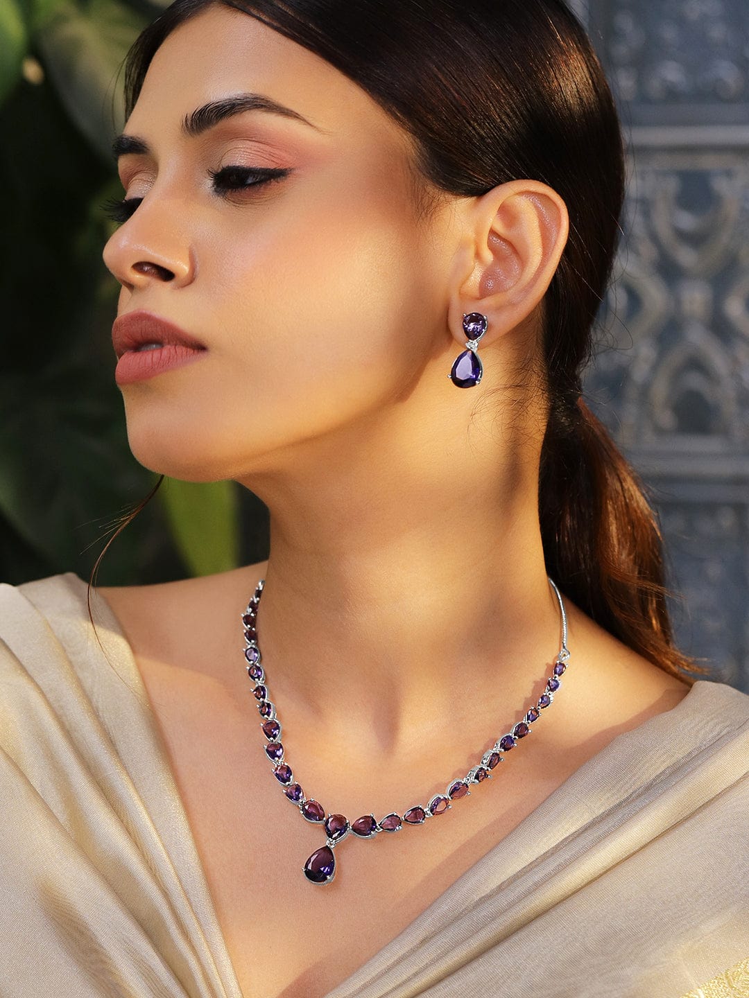 Rubans Rhodium-Plated Amethyst Purple AD Cubic Zirconia Studded Neck