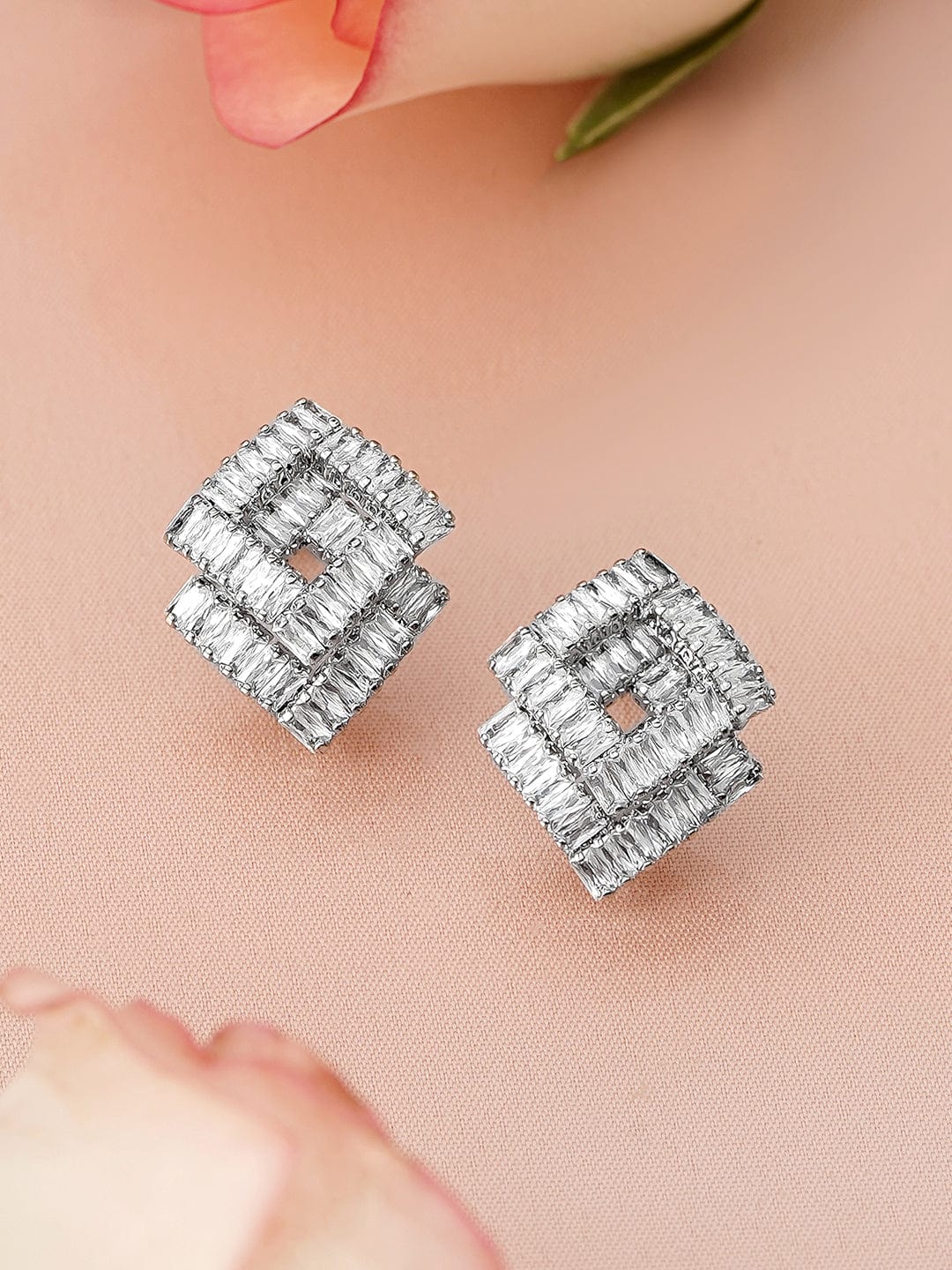 Rubans Rhodium-Plated Baguette Cubic Zirconia Studded Diamond-Shaped Stud  Earrings