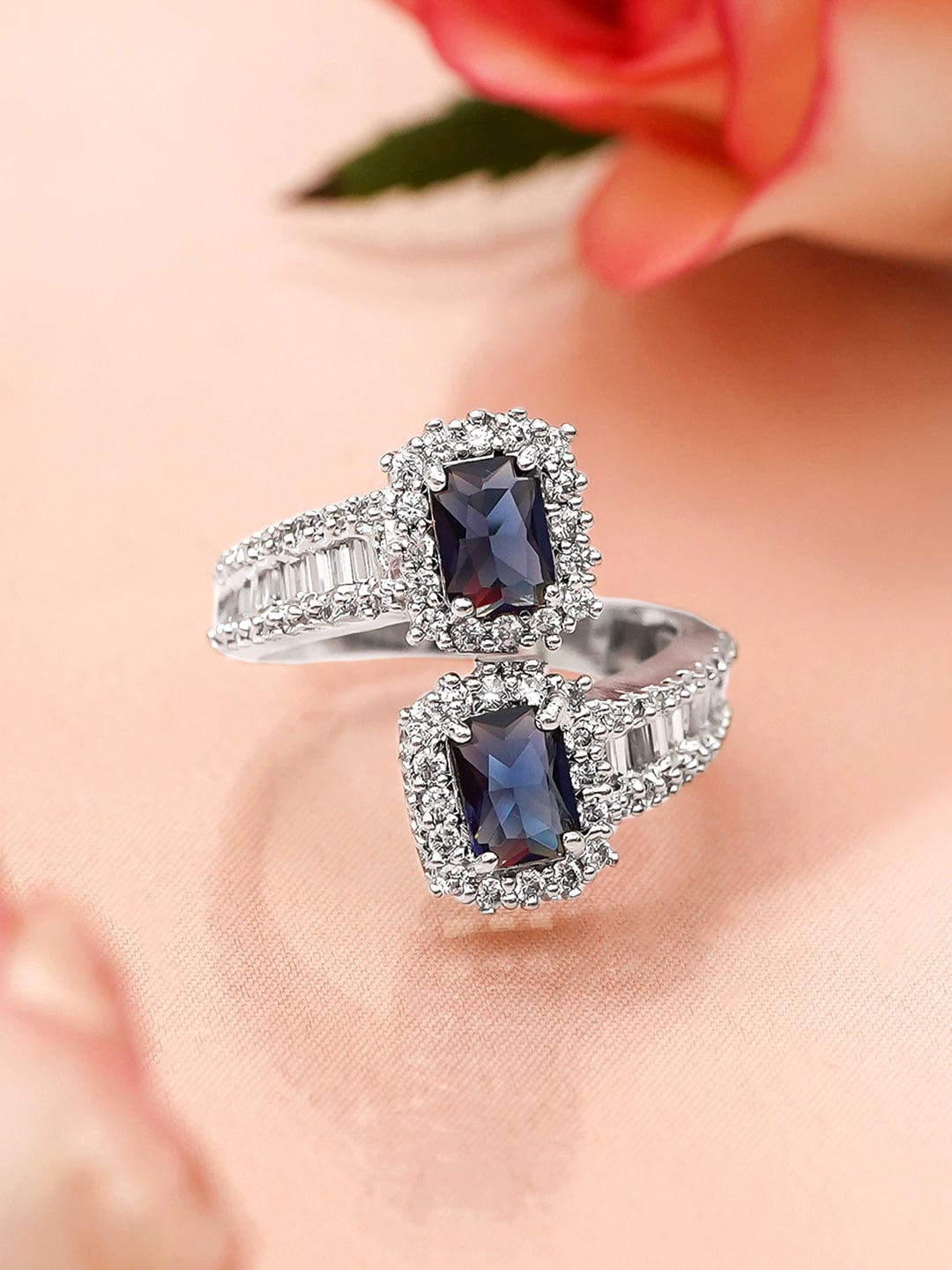 Rubans Rhodium-Plated Blue Sapphire Cubic Zirconia Studded Adjustable  Finger