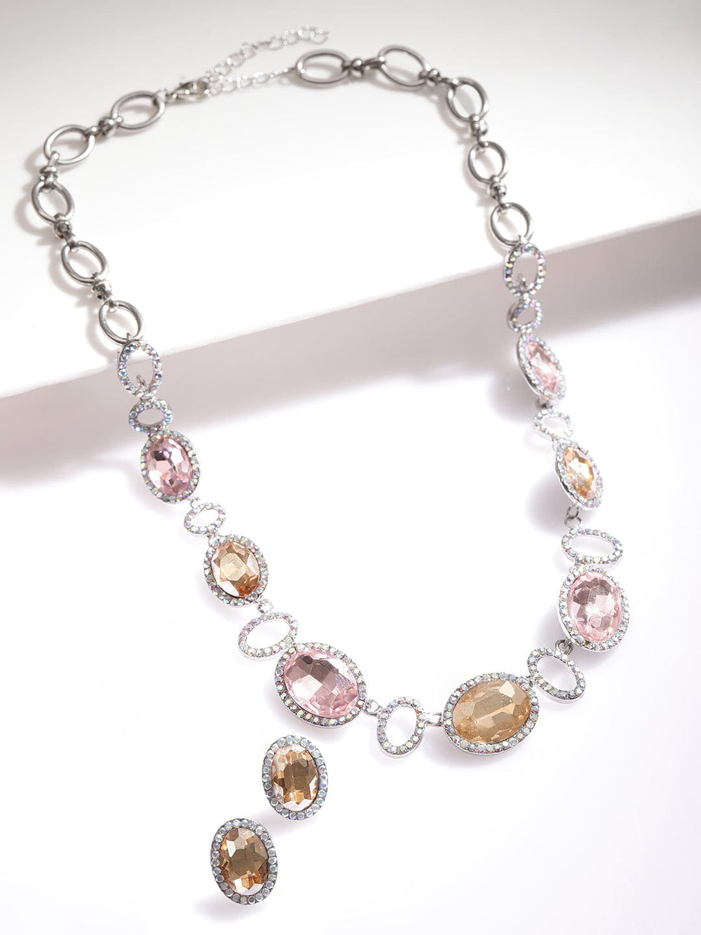 Rubans Rhodium-Plated Cherry and Golden Studded Multi-Color Rhinestones Embellished Necklace Set Jewellery Set