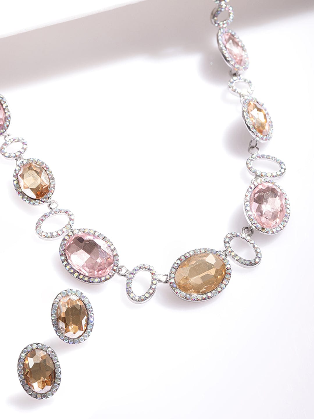 Rubans Rhodium-Plated Cherry and Golden Studded Multi-Color Rhinestones Embellished Necklace Set Jewellery Set