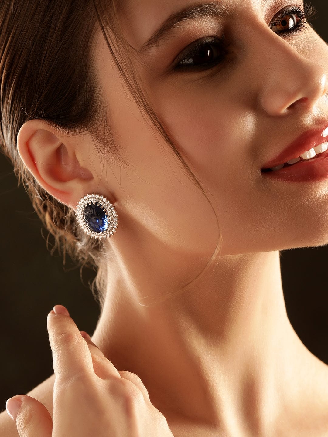 Rubans Rhodium plated Craved BLue Sapphire Zirconia Stud Earrings Earrings