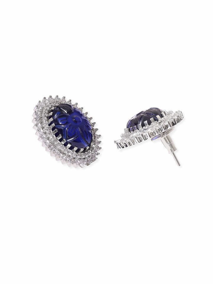 Rubans Rhodium plated Craved BLue Sapphire Zirconia Stud Earrings Earrings