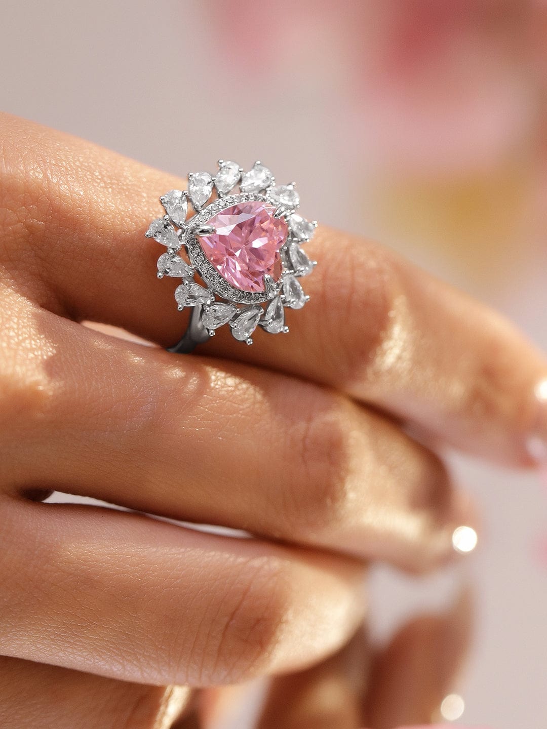 Rubans Rhodium-Plated Crystal Pink Heart-Shaped Cubic Zirconia Halo Adjustable Statement Ring