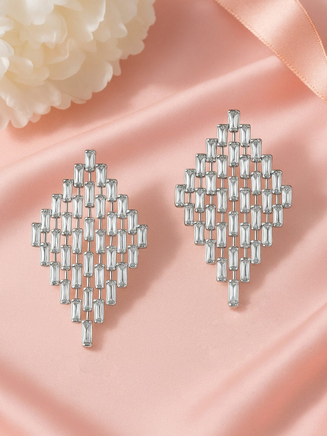 Rubans Rhodium-Plated Diamond-Shaped Cubic Zirconia Studded Drop Earri