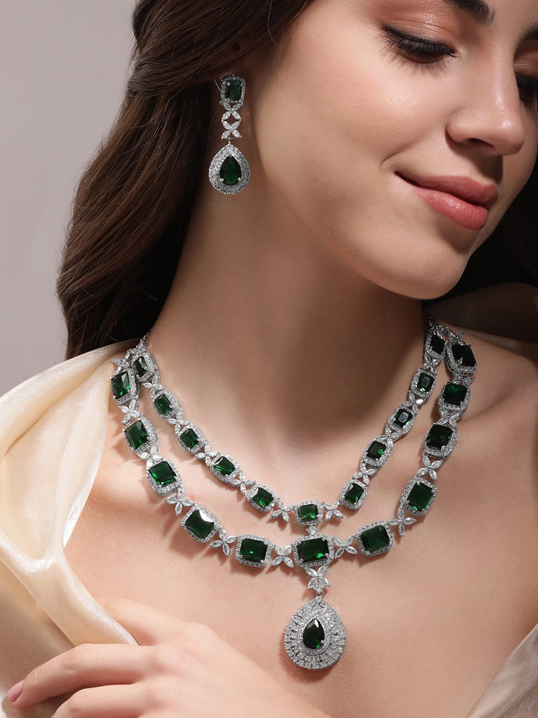 Rubans Rhodium plated Emerald green Double Layer Necklace Jewellery Set Jewellery Sets