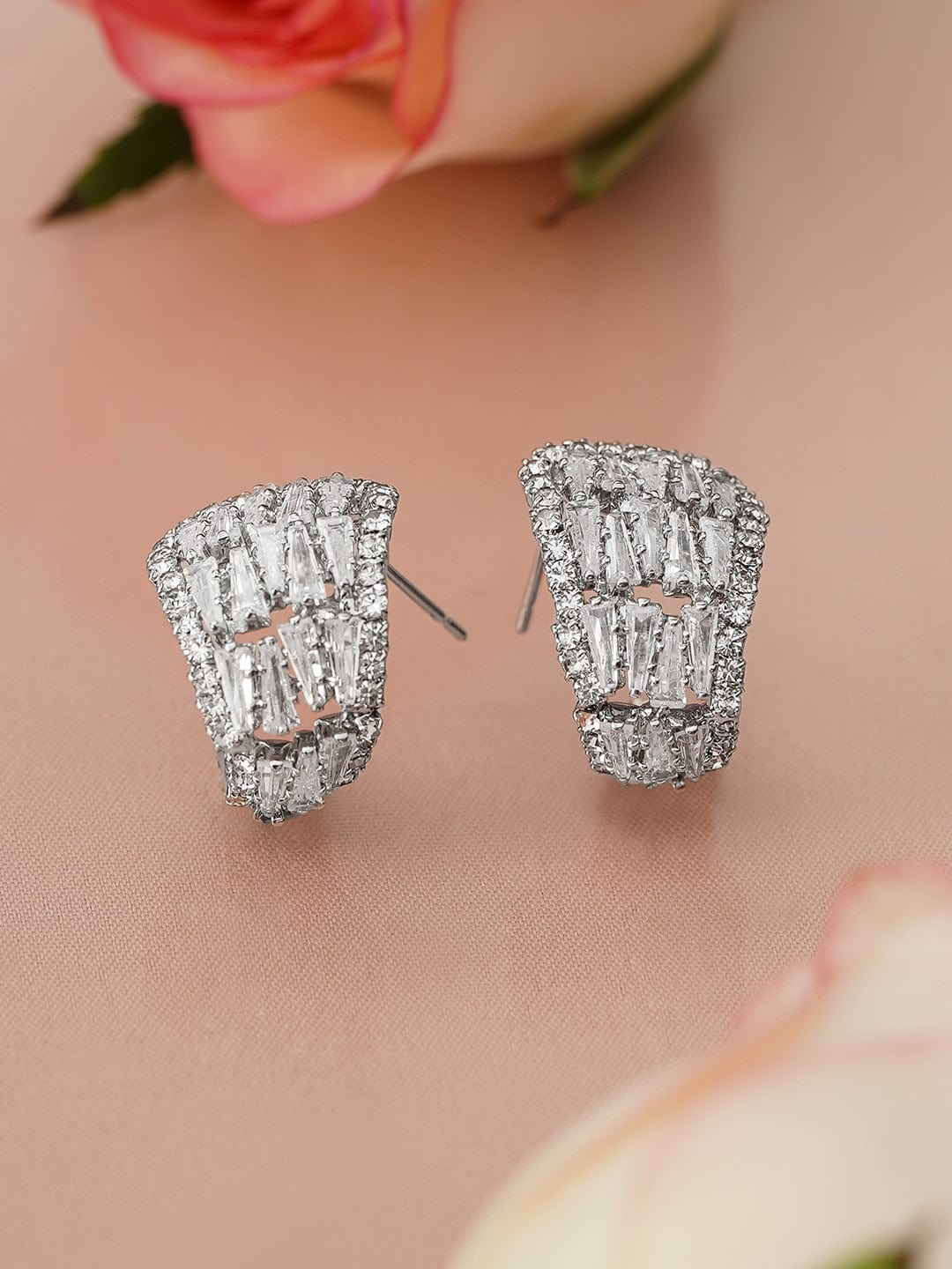 Rubans Rhodium-Plated Half Hoop Earrings with Baguette Round Cubic Zirconia Studs