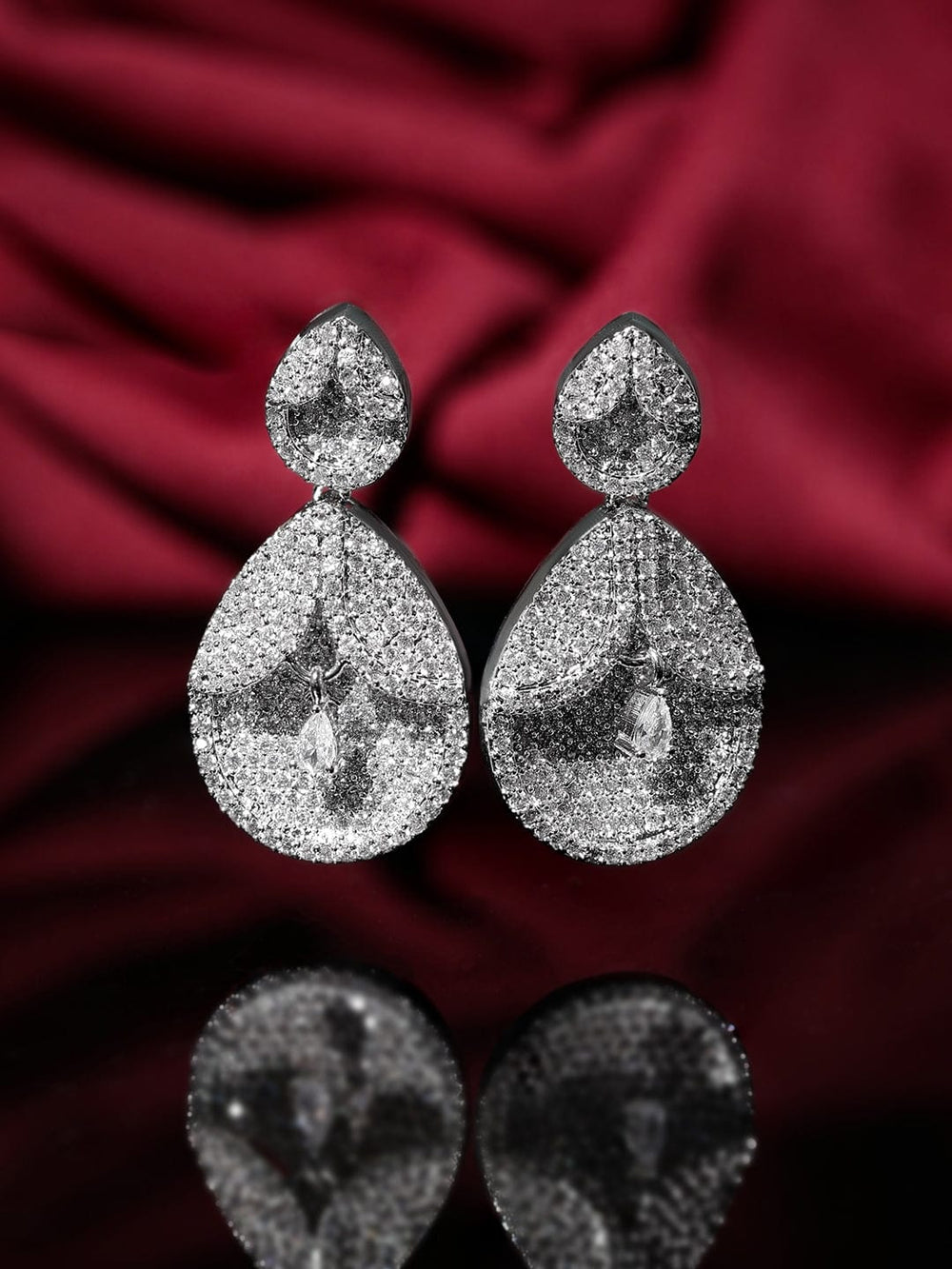 Rubans Rhodium plated Pave Zirconia Studded Statement Dangle Earrings Earrings