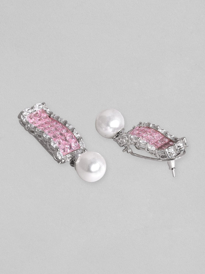 Rubans Rhodium Plated Pink Zirconia & Pearl Dangle Earrings Earrings