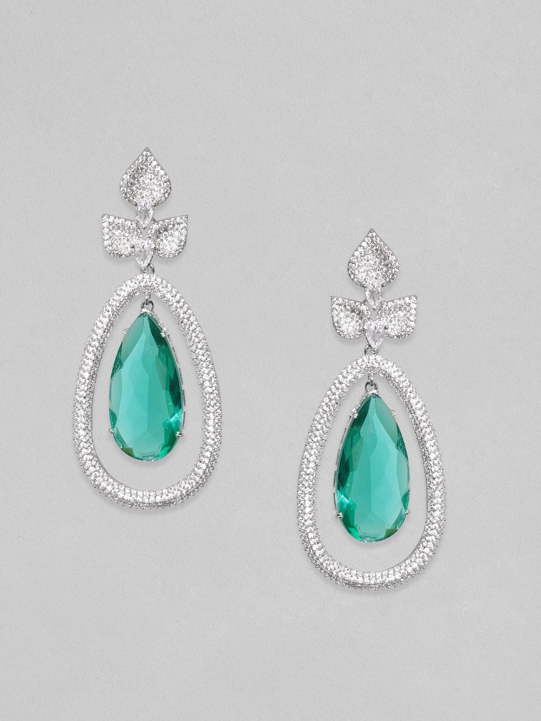 Rubans Rhodium Plated Premium Emerald Zircons Studded Dangle Earring Earrings