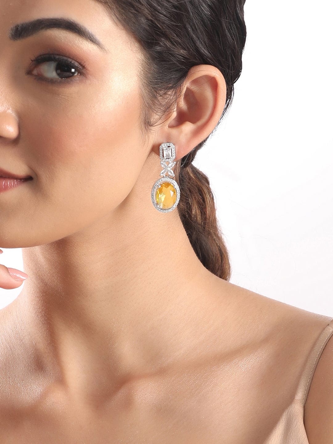 Rubans Rhodium Plated Premium White & Yellow Sapphire Zircons Dangle Earrings Earrings