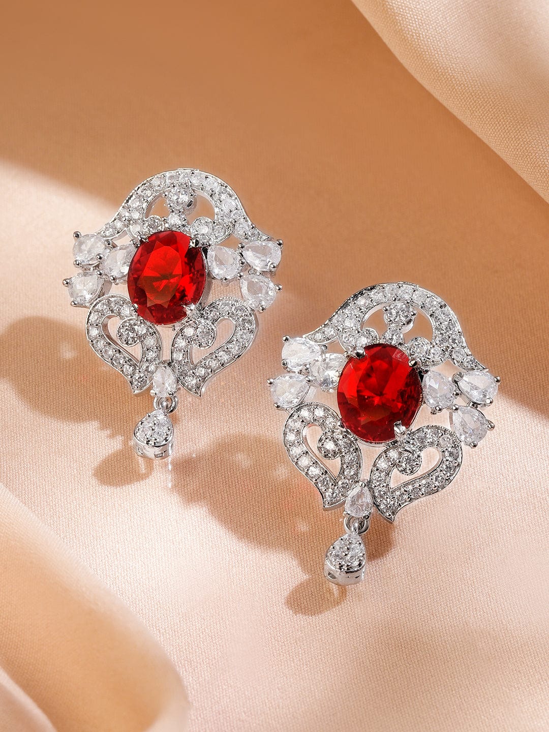 Rubans Rhodium-Plated Ruby Red Stone White Cubic Zirconia Studded Cl