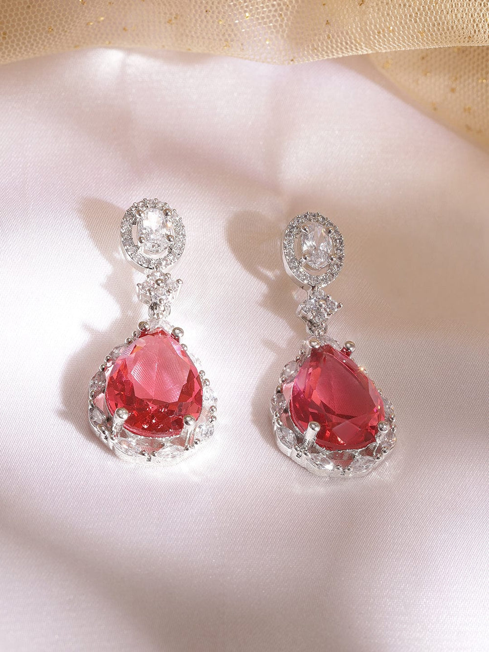 Rubans Rhodium Plated Ruby Studded Zirconia Embellished Teardrop Earrings Earrings