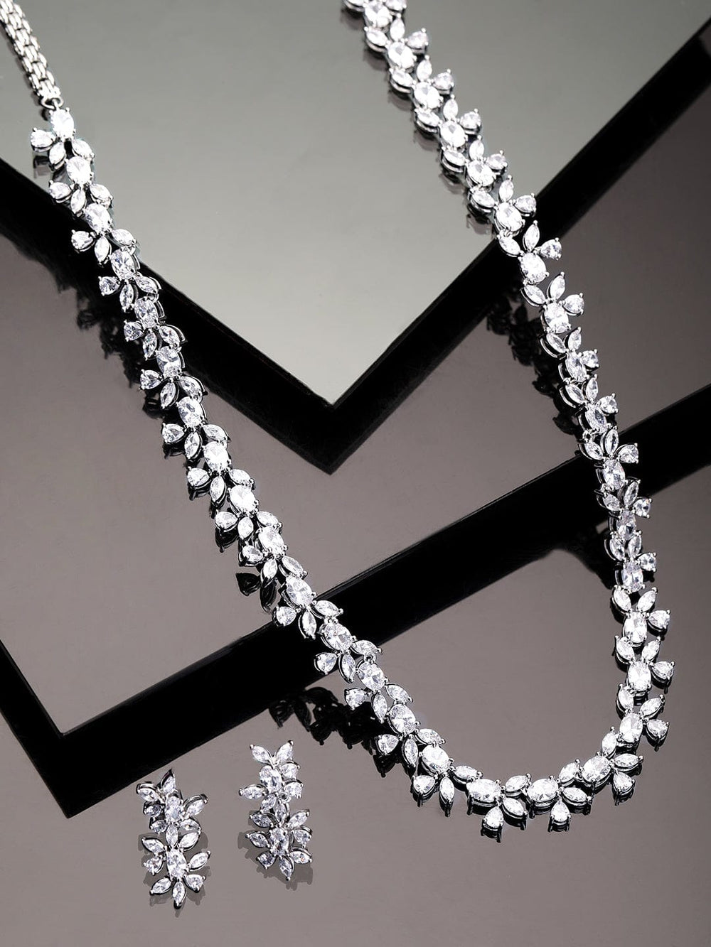 Rubans Rhodium plated white crystal zirconia studded Long Necklace Set Jewellery Sets