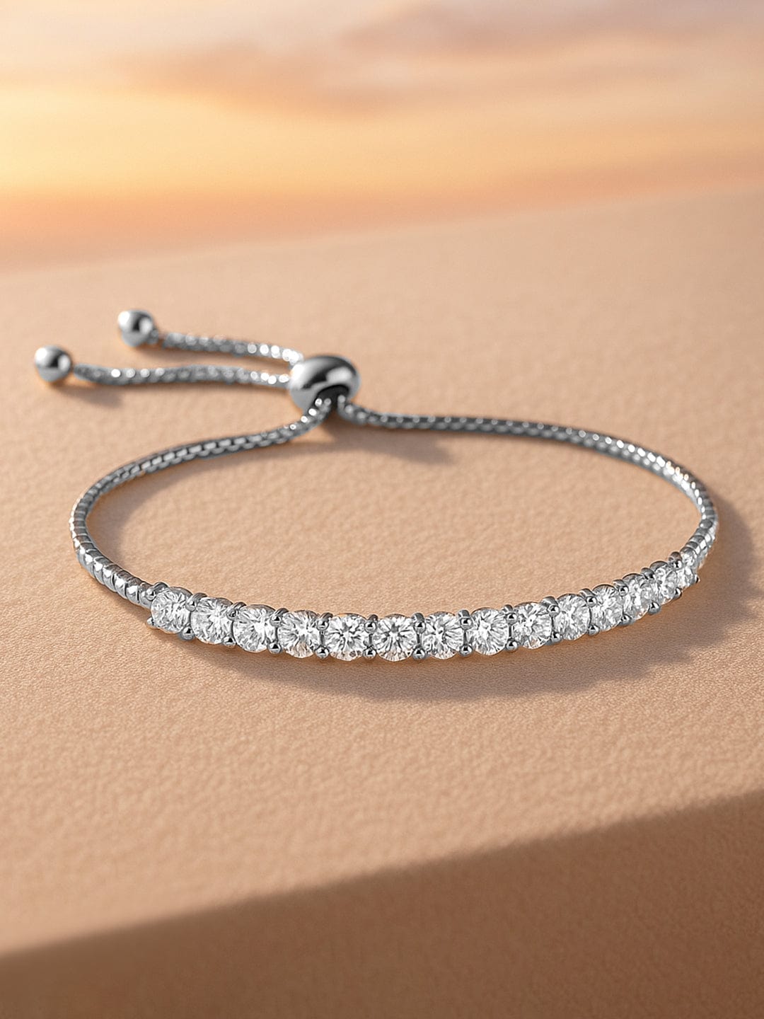 Rubans Rhodium-Plated White CubicZirconia Adjustable Pull Chain Bracelet  Elegant Stylish