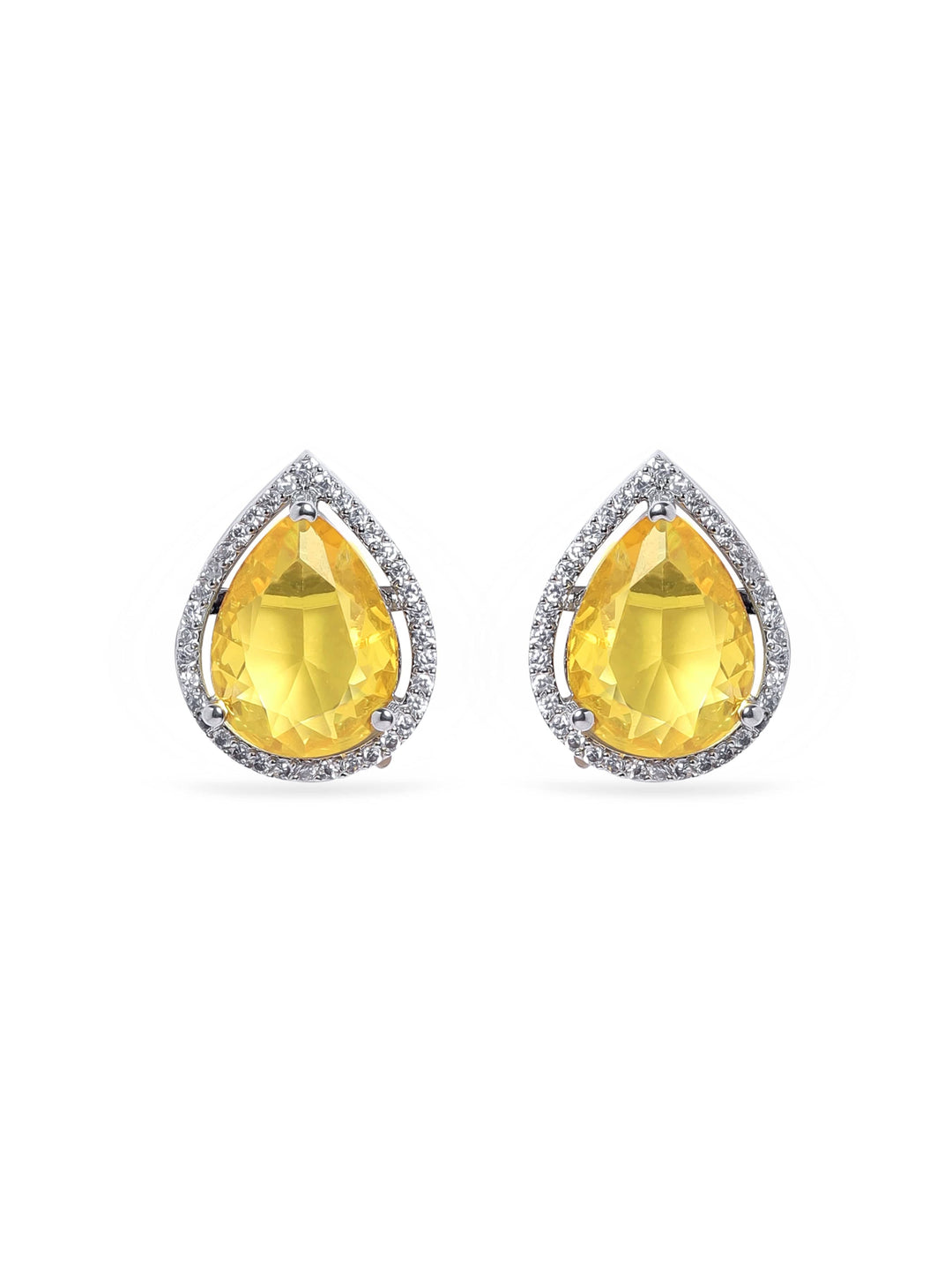 Rubans Rhodium plated Yellow Sapphire Zirconia studded teardrop Zirconia stud earring Earrings