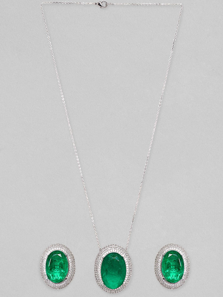Rubans Rhodium Plated Zircons & Emerald Stone Studded Statement Pendant Set Necklace Set