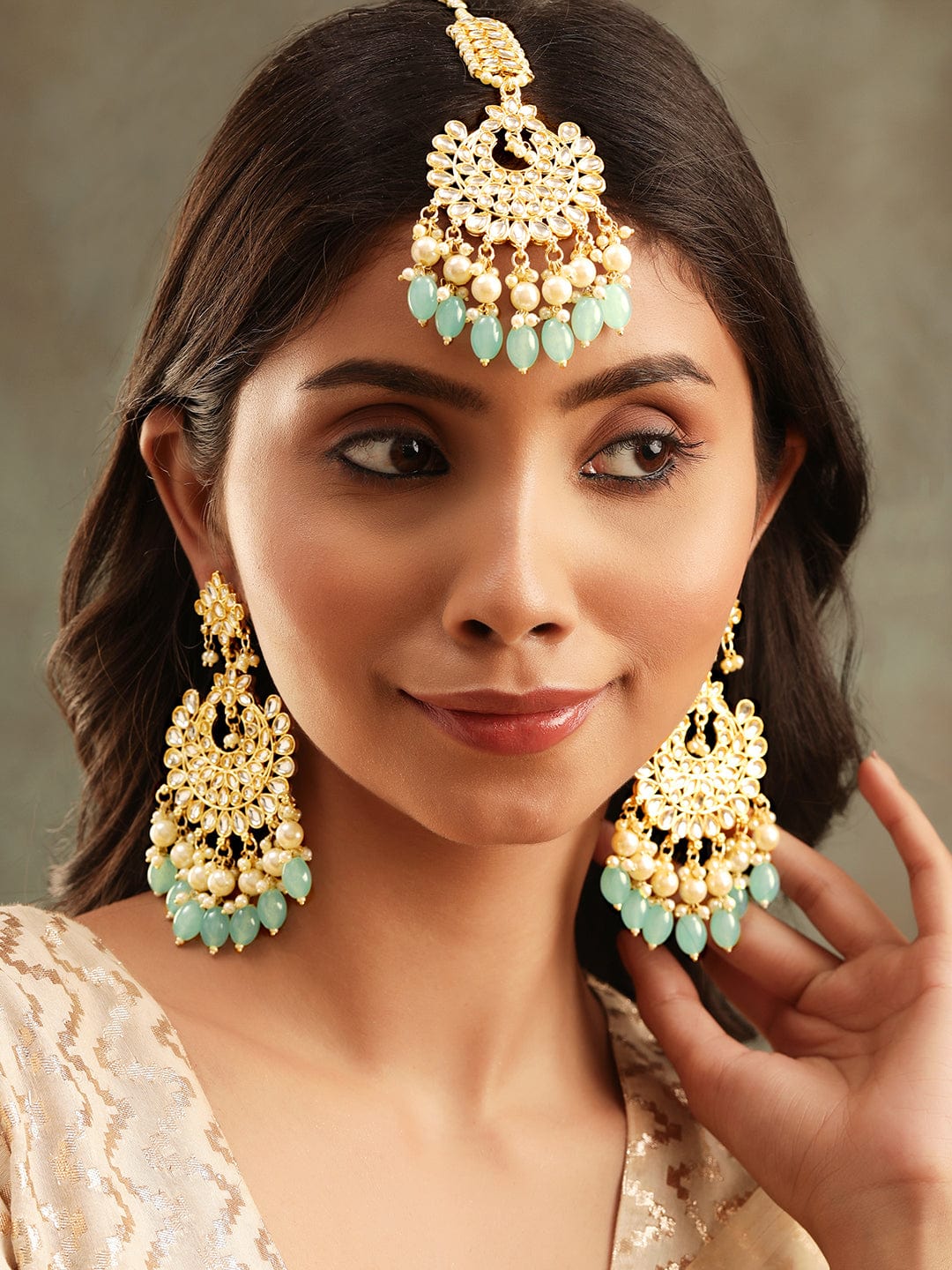 Necklace Earrings With Mangtika Set Rubans Royal Splendor 22K