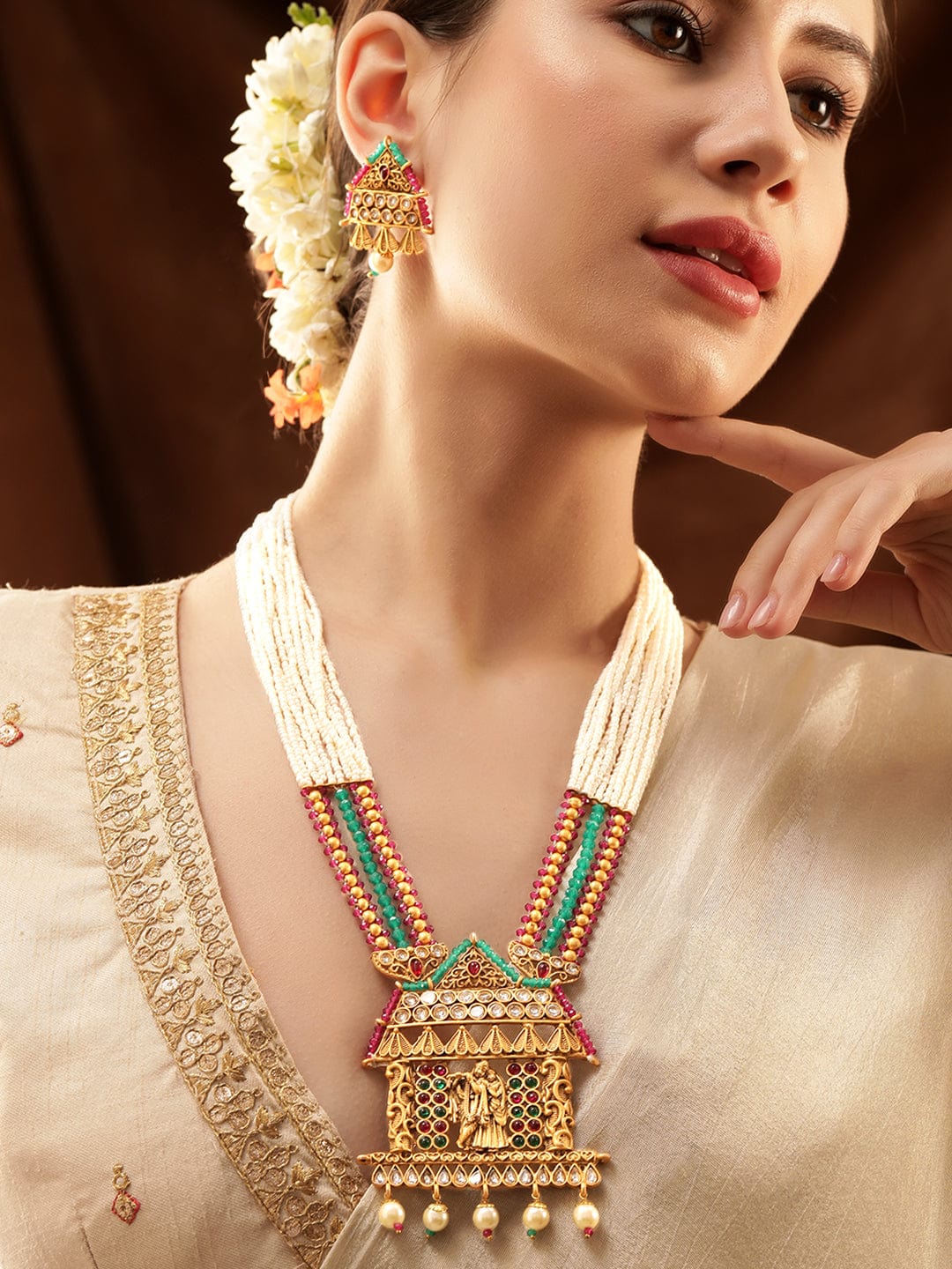 Rubans Sacred Love: Lord Krishna and Radha Temple Jewellery Gold Tone