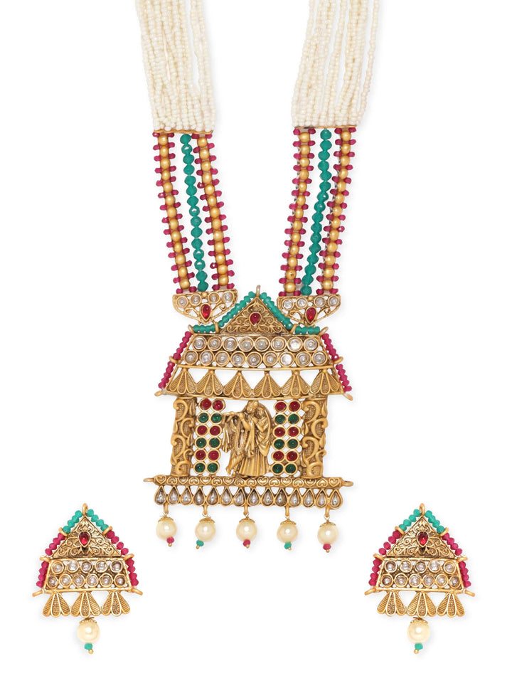 Rubans Sacred Love: Lord Krishna and Radha Temple Jewellery Gold Tone Pendant with Pearls Hanging and White Beads Chain Necklace Set Jewellery Sets