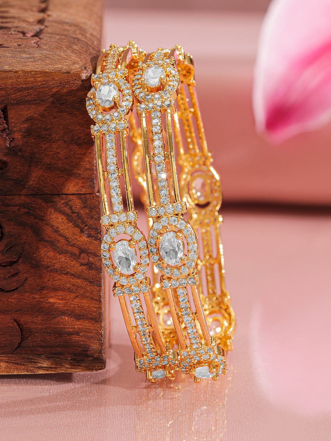 Rubans Set Of 22KT Gold-Plated White Cubic Zirconia-Studded Bangles