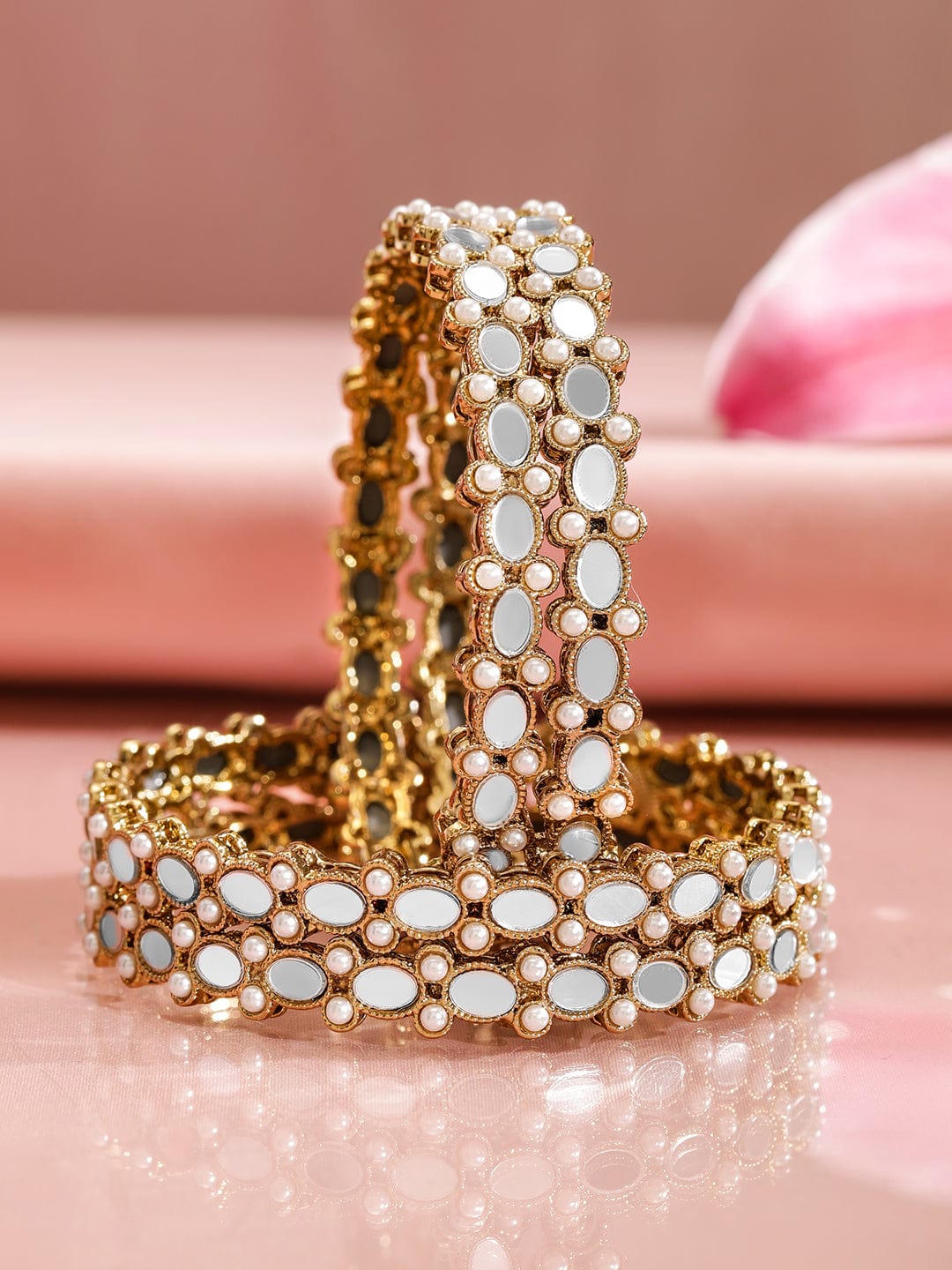 Rubans Set of 22K Gold-Plated Mirror-Studded Bangles with Pearl Bead
