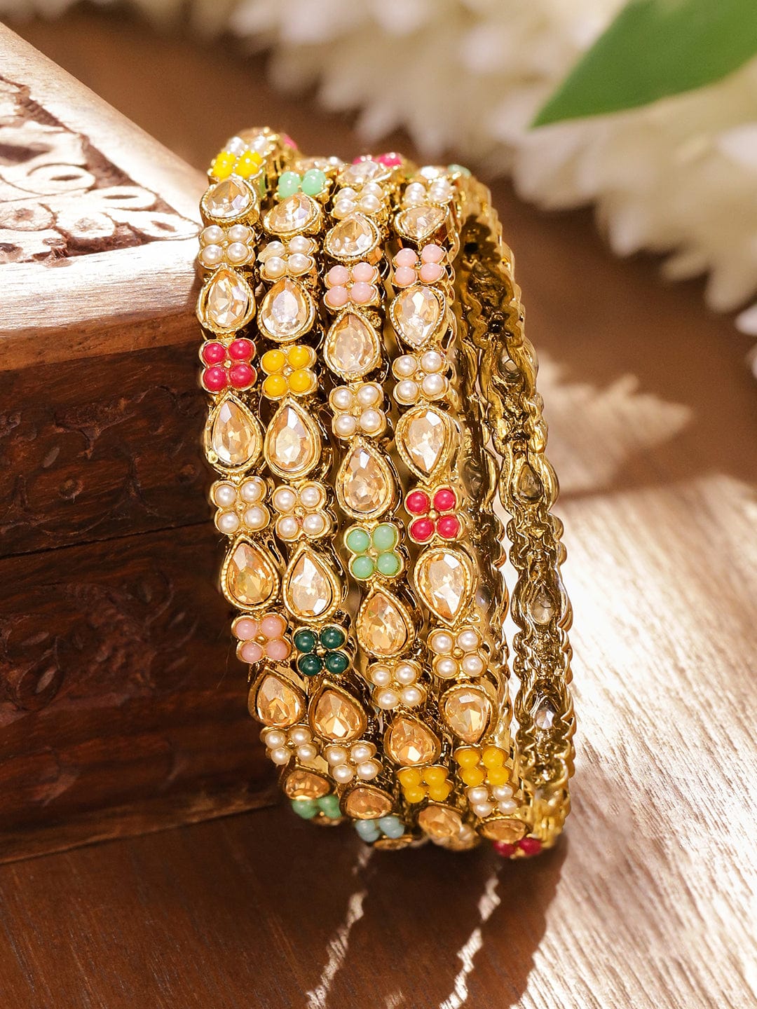 Rubans Set of Antique 18K Gold-Plated Kundan Pearl Studded Multicolor Floral Bangles