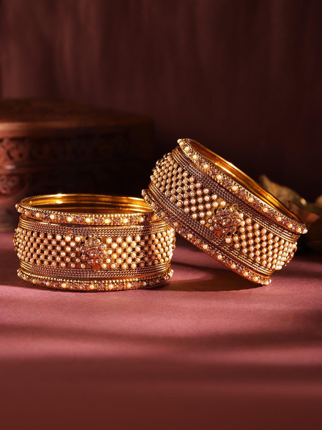 Rubans Set of Gold Plated Pearl Stone Studded Traditional Handcrafted  Bangles
