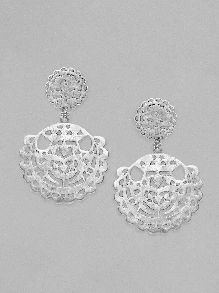 Rubans Silver Oxidised Drop Earrings With Elegantly Carved Design Earrings