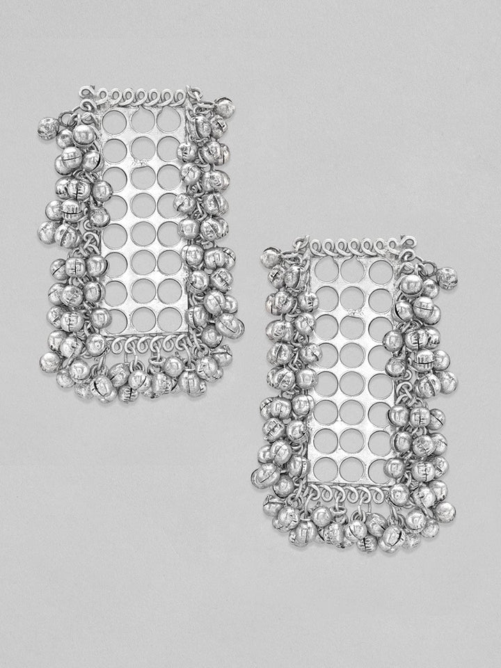Rubans Silver Oxidised Earrings With Square Design And Silver Beads Earrings