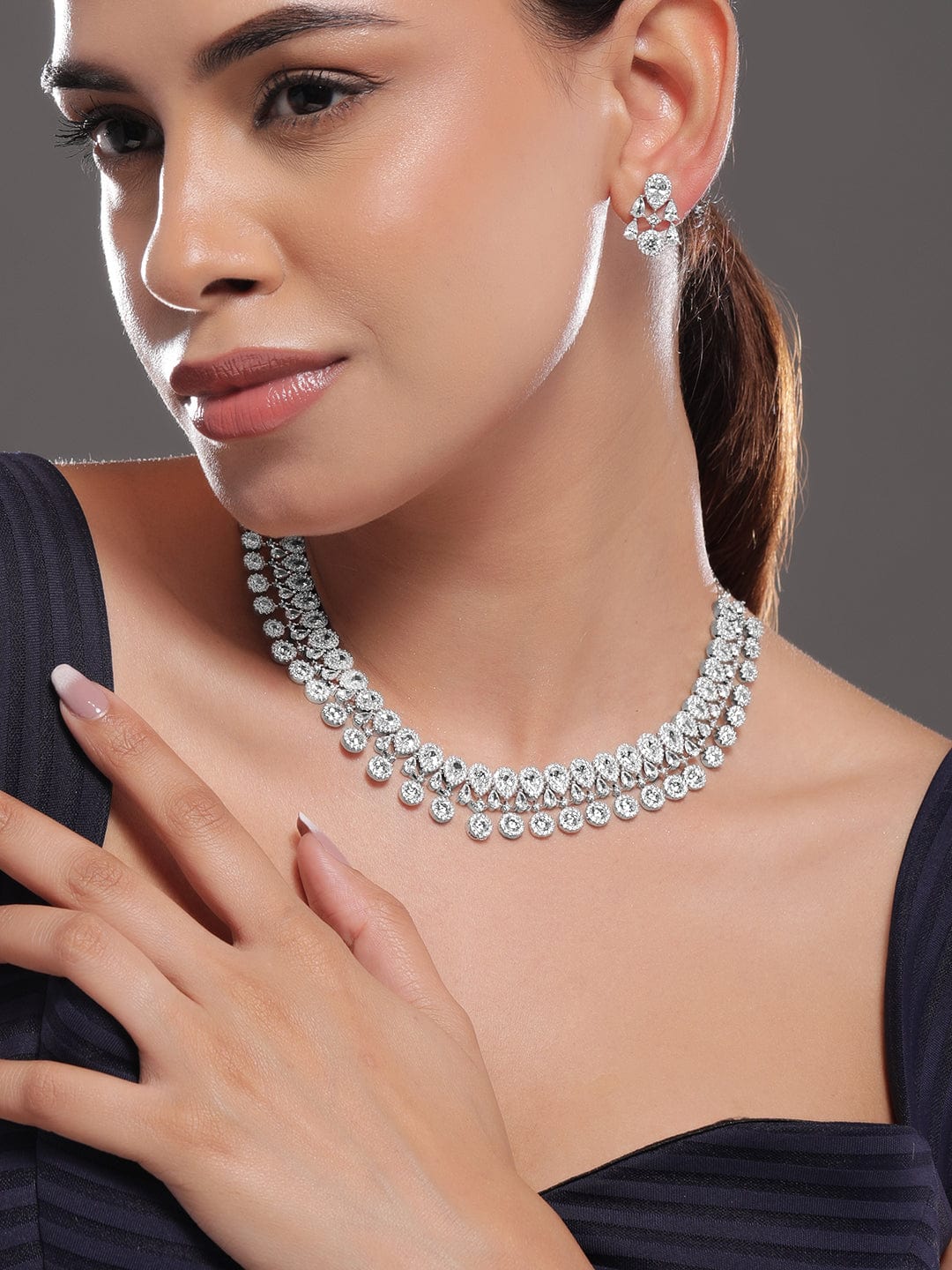 Rubans Silver-Plated Cubic Zirconia Studded Jewellery Set