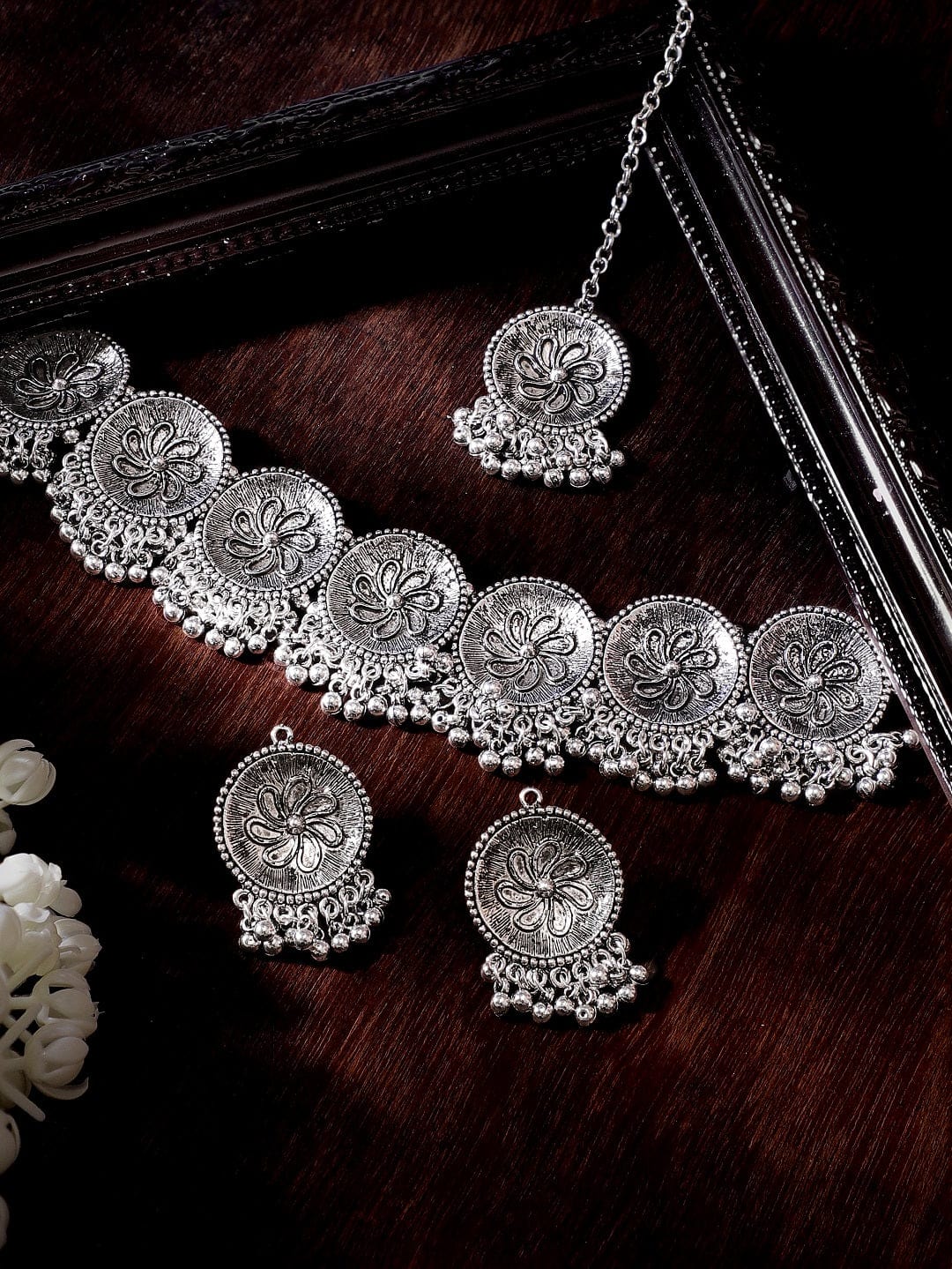 Rubans Silver Plated Ghungroo Beaded Floral Jewellery Set Jewellery Set
