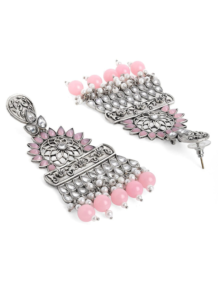 Rubans Silver Toned Contemprory Dropped Earrings with Pink Beads Earrings