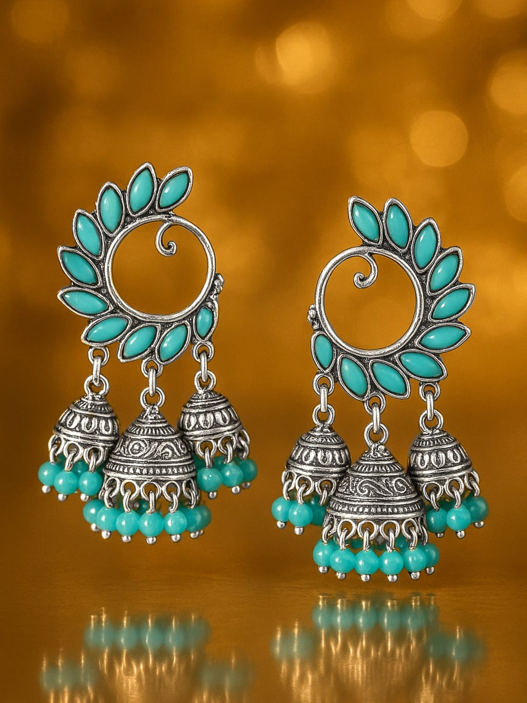 Rubans Silver-Toned Turquoise Blue Peacock Wing Jhumka Earrings