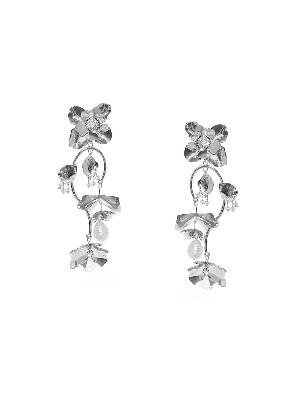 Rubans Voguish Eternal Bloom Silver Long Flower Chandelier Earrings Earrings