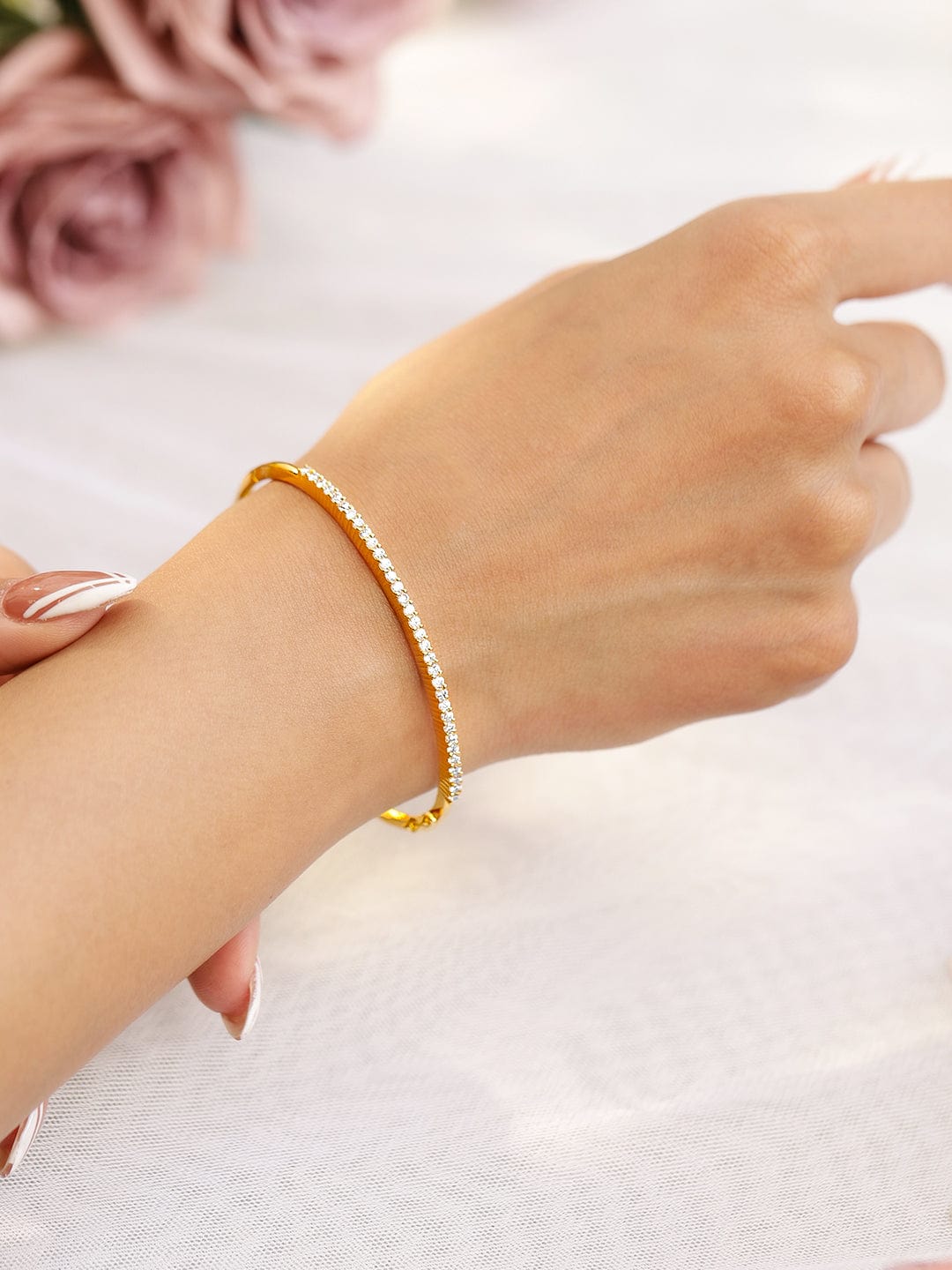 Rubans Women Brass Cubic Zirconia Handcrafted Gold-Plated Bangle-Style  Bracelet