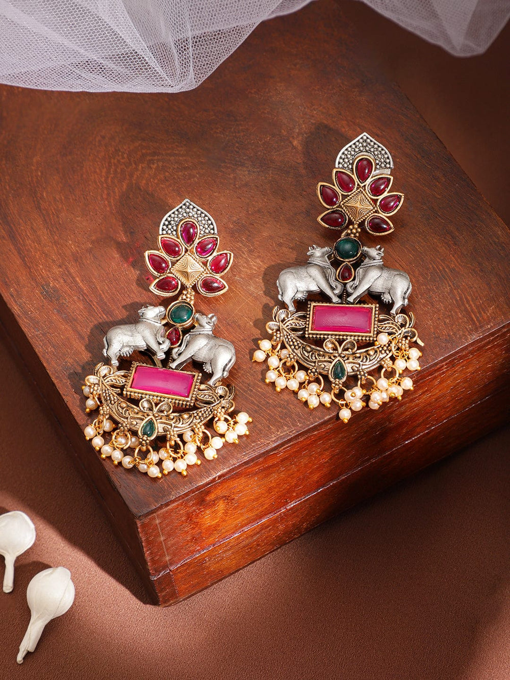 Rubans Women's Gold  with Pink Enameled Kundan Studded Cow Charm Chandabali Earrings