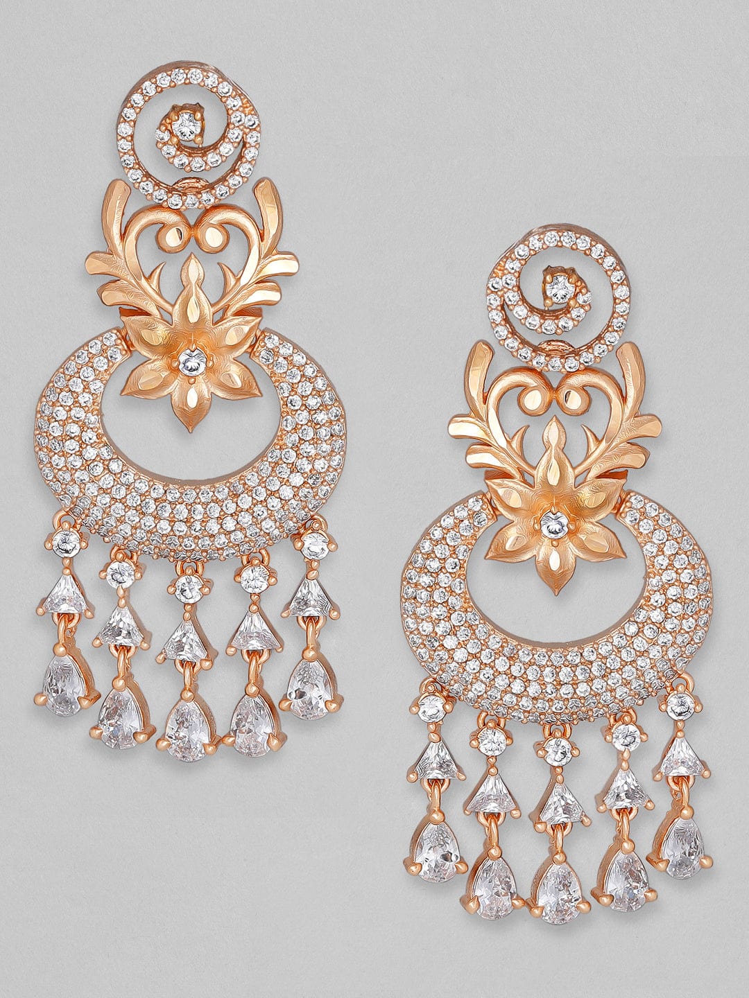 Rubans Zircon Studded Handcrafted Rose Gold Plated Floral Chandbali Earrings Earrings