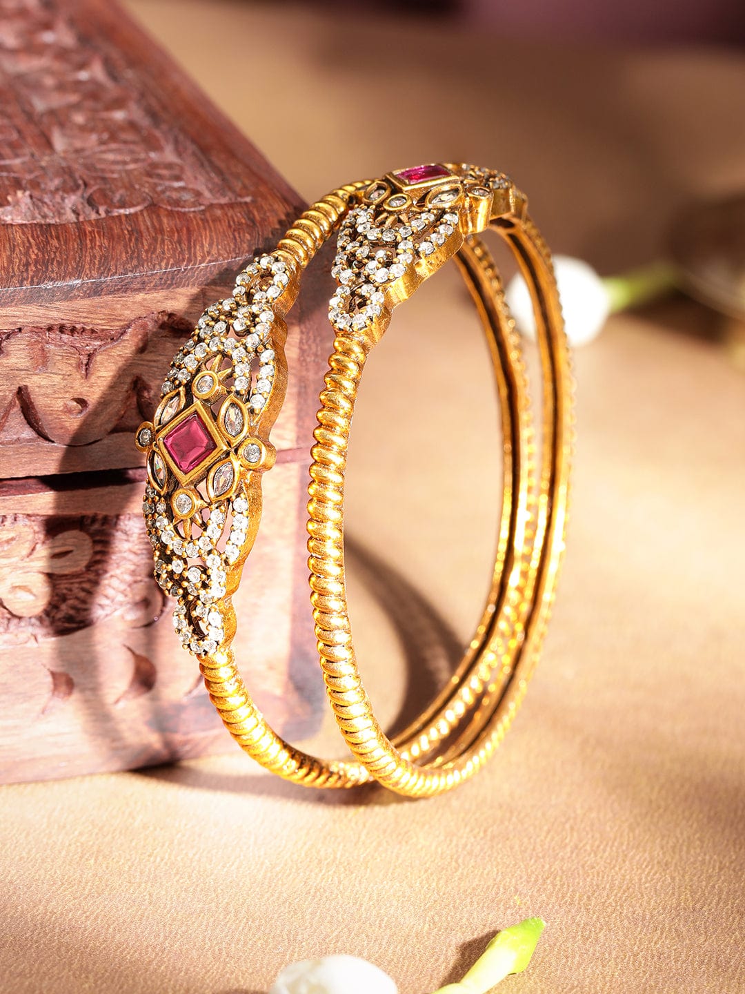 Set of 2, 22K Gold plated antique finish kemp crystal studded sleek bangles Bangles & Bracelets