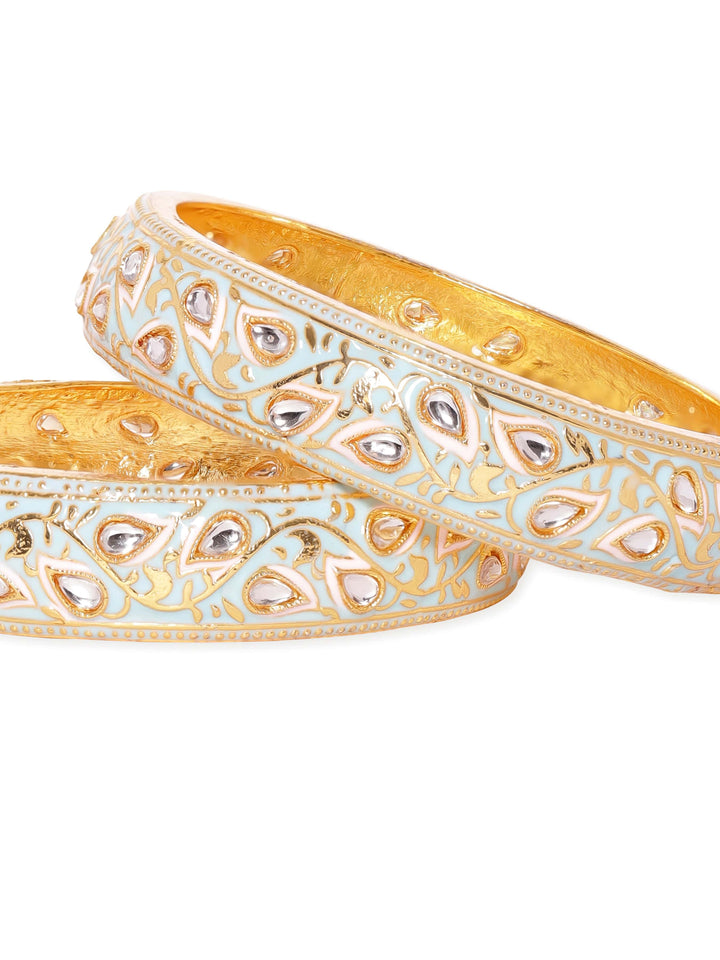"Set of 2, 22K Gold plated Pastel enamel & Kundan studded Statement bangles  " Bangles & Bracelets