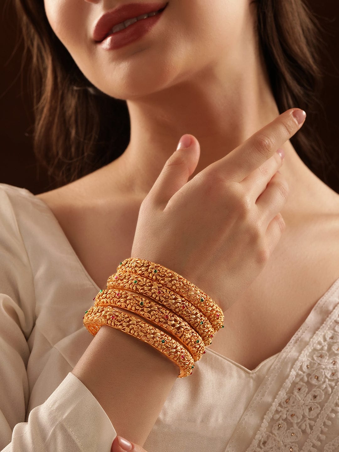 Set of 4, 22K Gold plated flora motif handcrafted gold bangles Bangles & Bracelets