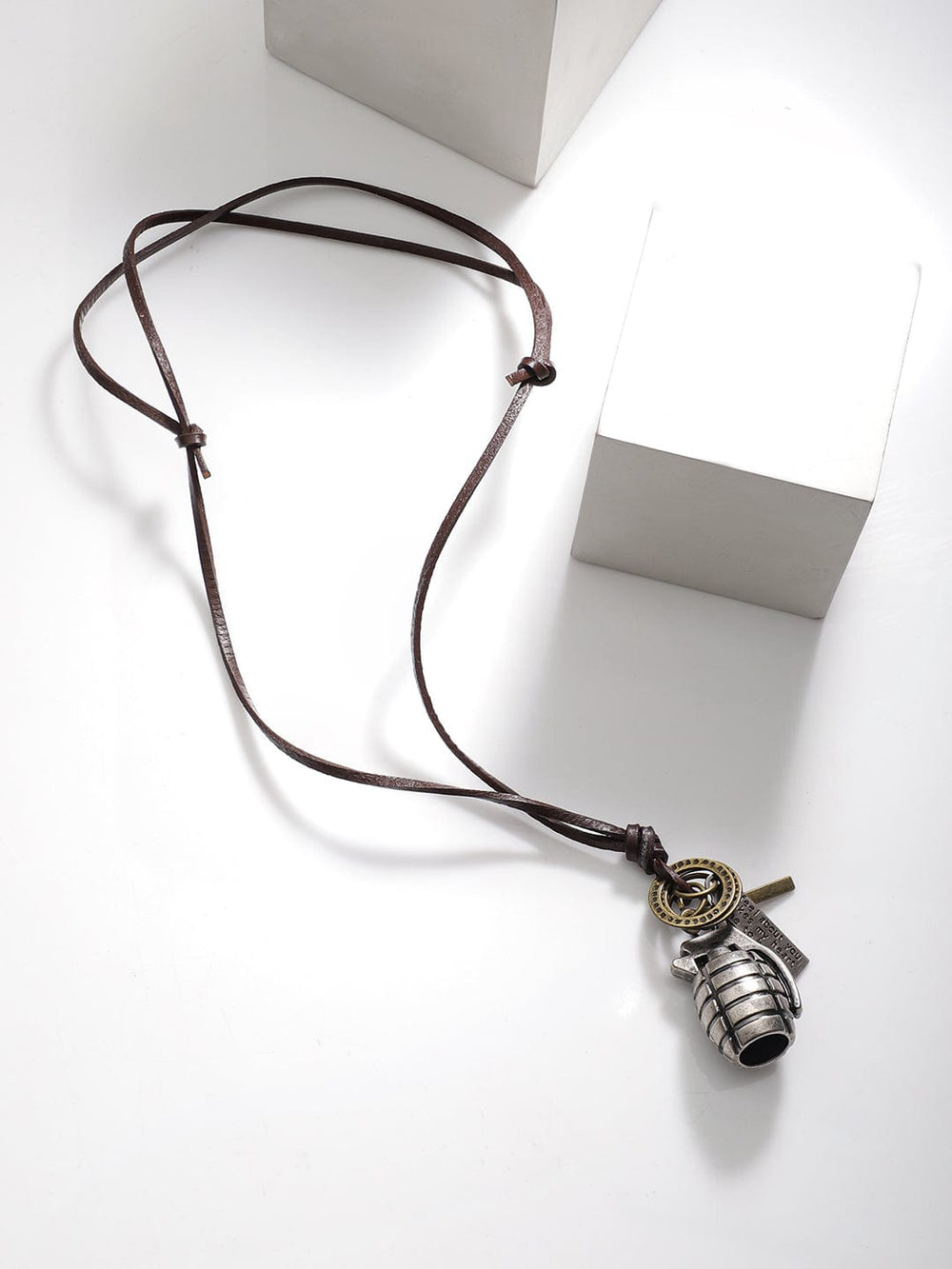 Voguish Men Grenade Pendant With Brown Lather Adjustable Necklace. Necklace and Chains