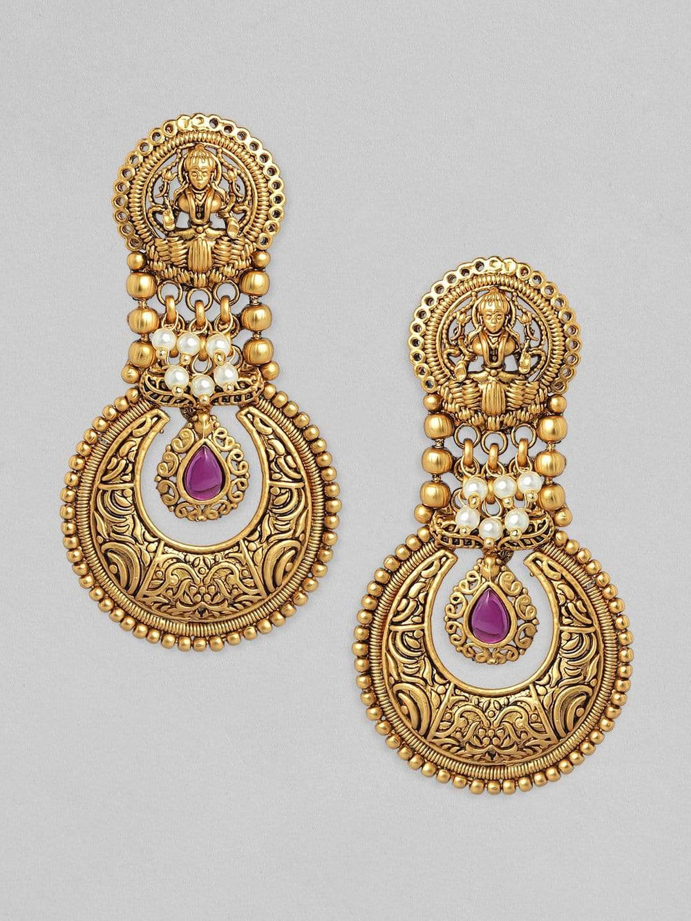 Rubans 24K Gold Plated Handcrafted Filigree & Pink Stone Temple Drop Earrings Earrings