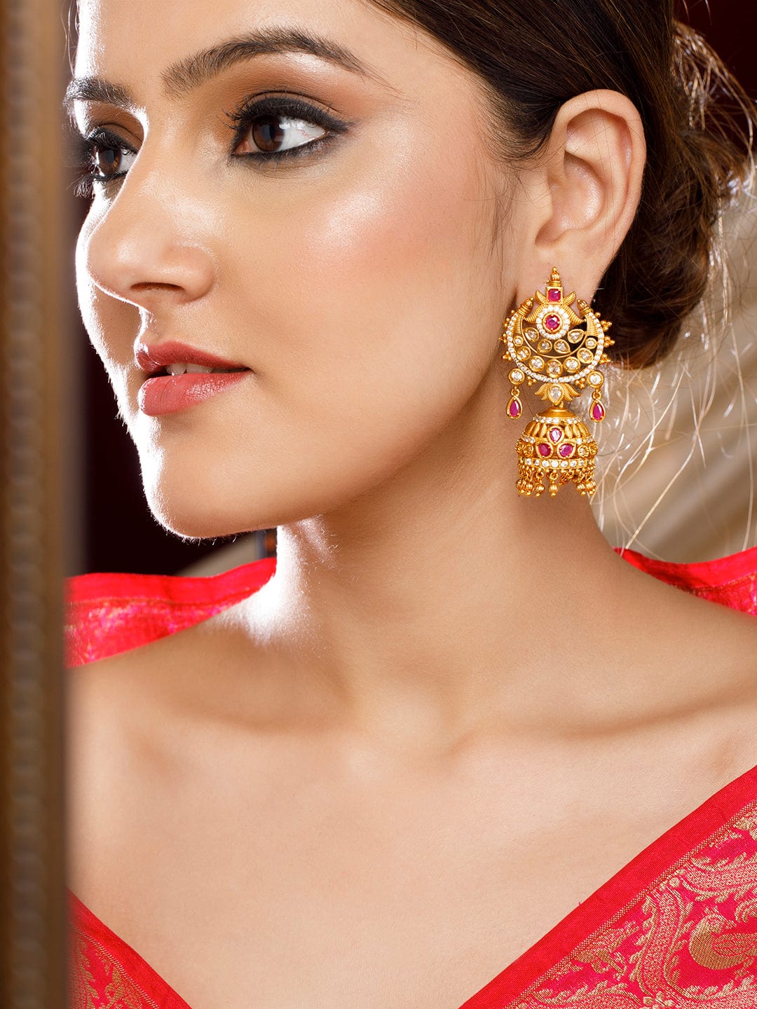 Rubans 24K Gold Plated Ruby and AD studded Jhumka earring. Earrings