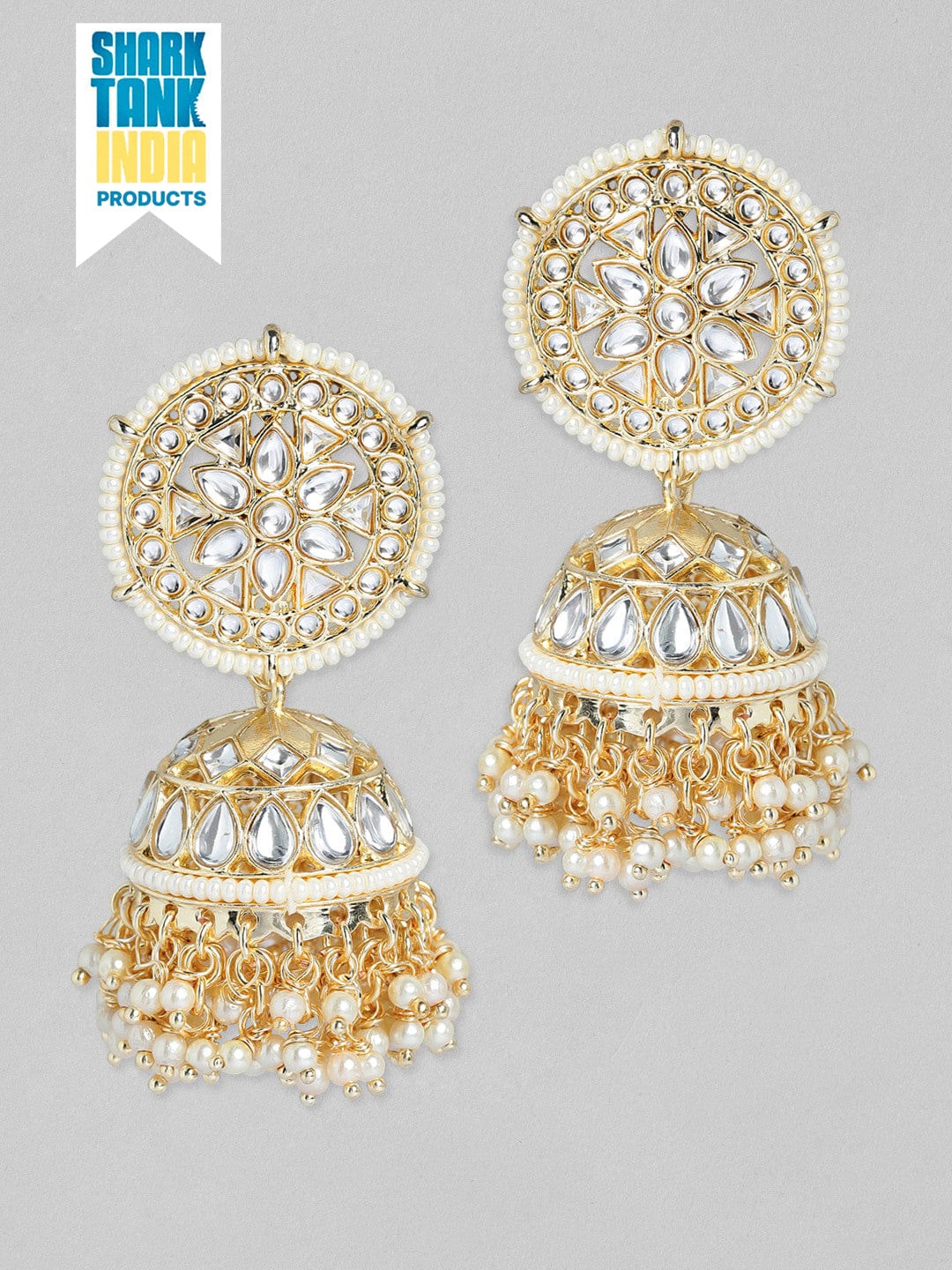 Rubans Gold Plated Handcrafted Kundan White Perals Jhumka Earrings