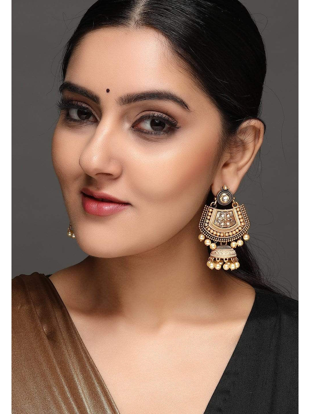 Rubans Gold Plated Handcrafted Kundan with Pearls Chandbali Jhumka Earrings Earrings