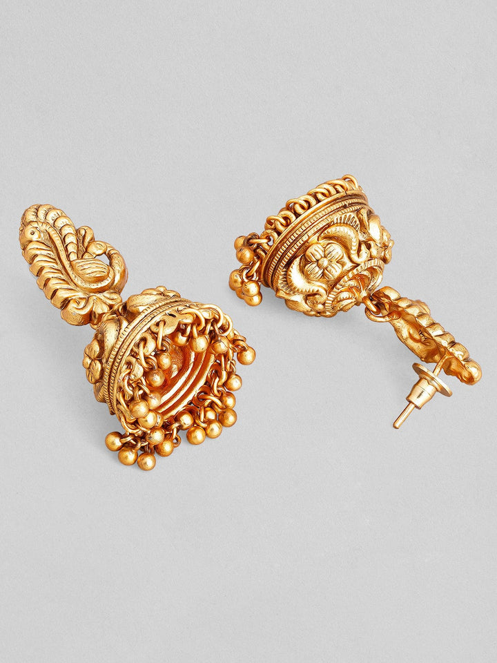 Rubans Gold Plated Handcrafted Peacock Shaped Ghungroo Jhumka Earrings. Earrings