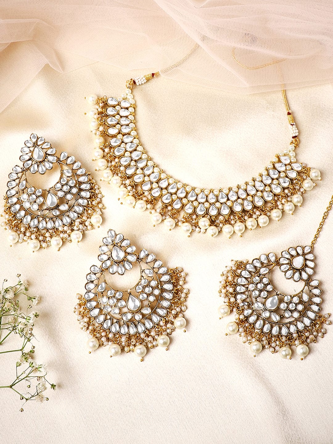 Rubans Gold Plated Handcrafted Traditional Kundan And Pearls Necklace Set With Maang Tikka Necklace Set
